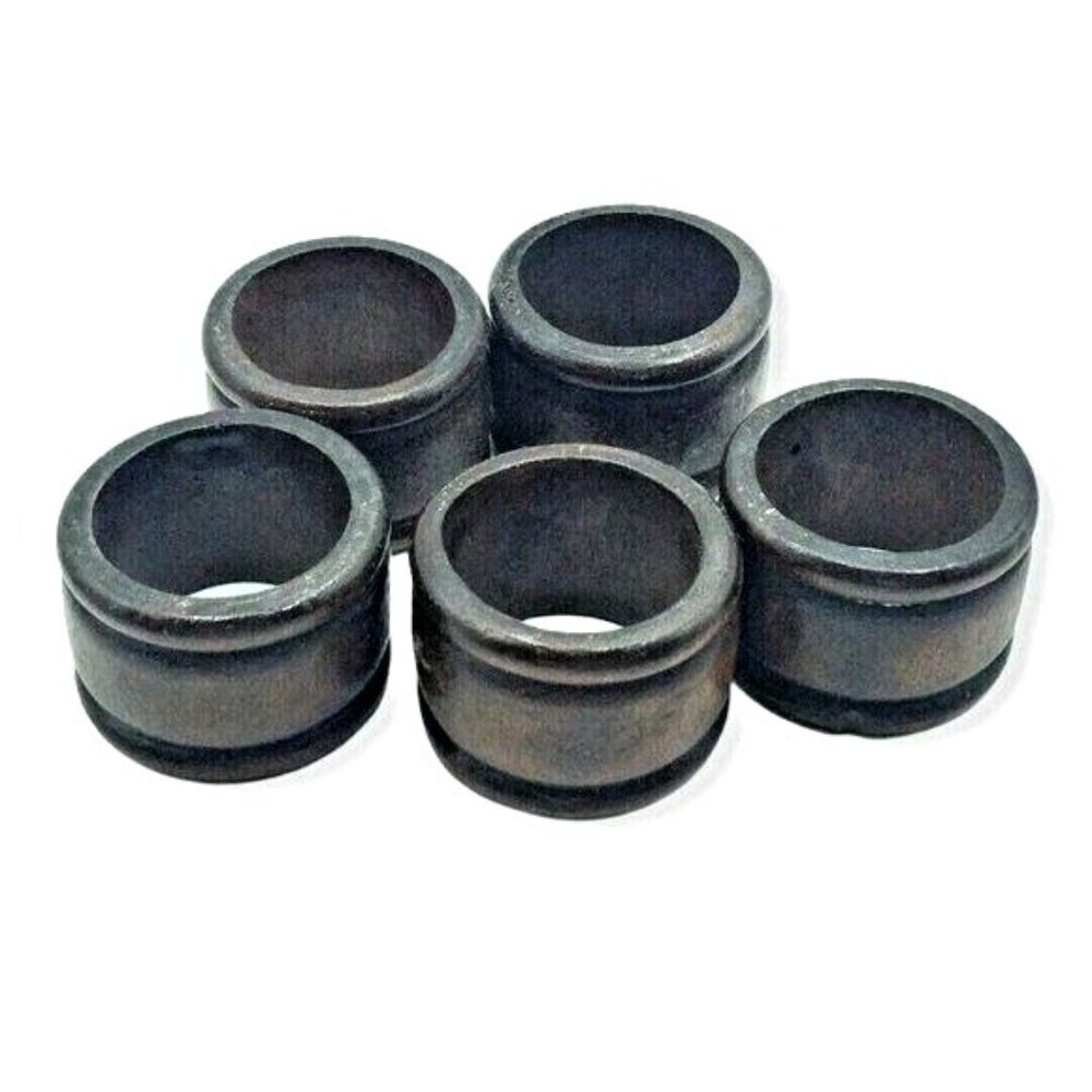 Mid Century Modern Set of 5 Beveled Carved Wood Napkin Rings Round Brown Vintage